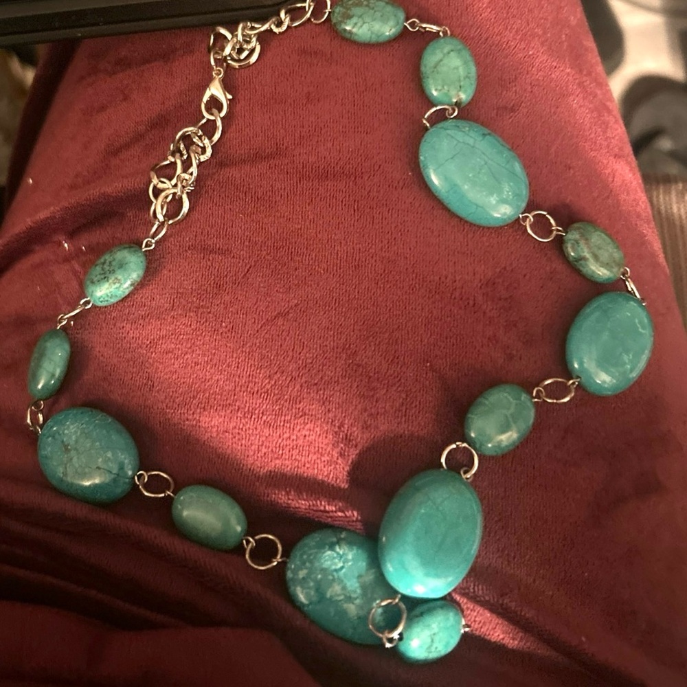 Turquoise Necklace 20 Inch Each Stone Different an Unique Flat Oval Stones